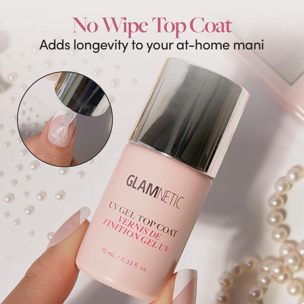 Glamnetic gel UV capa superior transparente: uso en uñas naturales para acabado limpio.