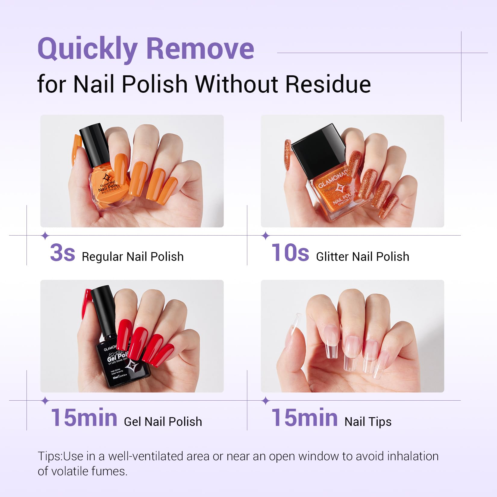 Glamonade quita esmalte gel de forma rápida, menos tiempo de limpiado.