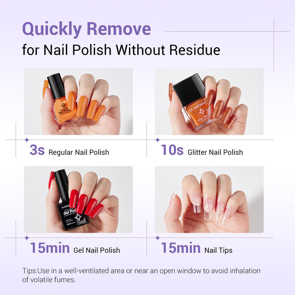 Glamonade quita esmalte gel de forma rápida, menos tiempo de limpiado.