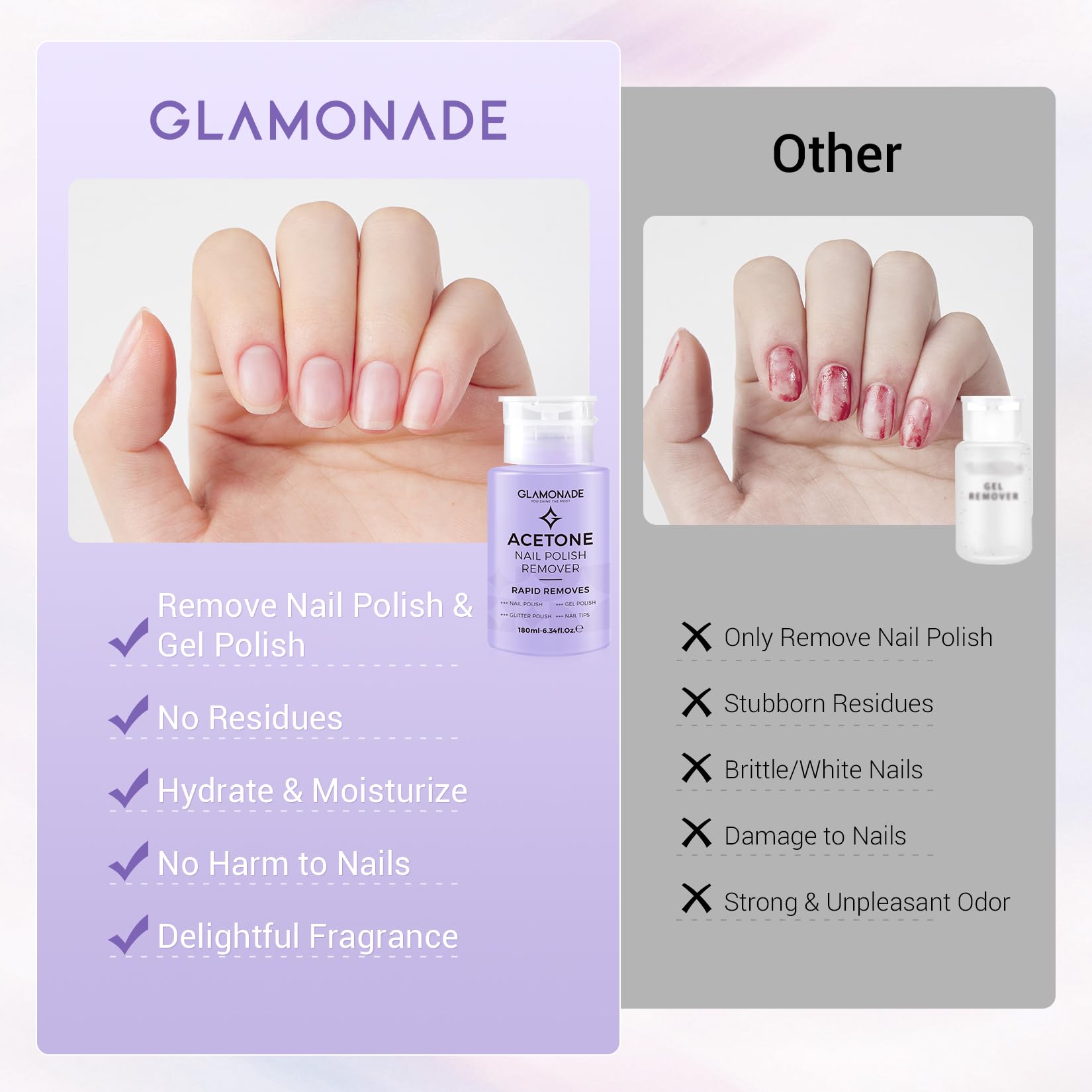 Glamonade quita esmalte regular y gel, solución única para varios acabados.