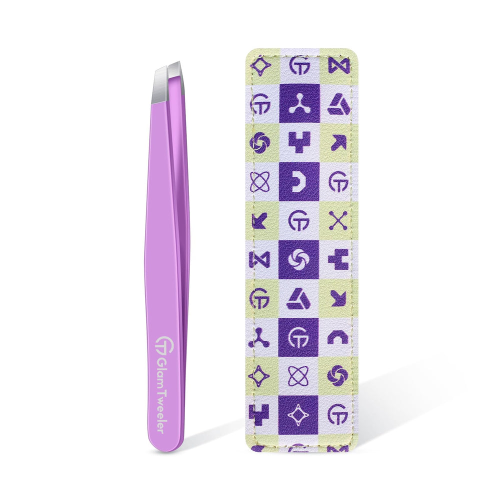 Pinzas GlamTweeler Expert con punta inclinada 25° y estuche de cuero para viaje seguro.