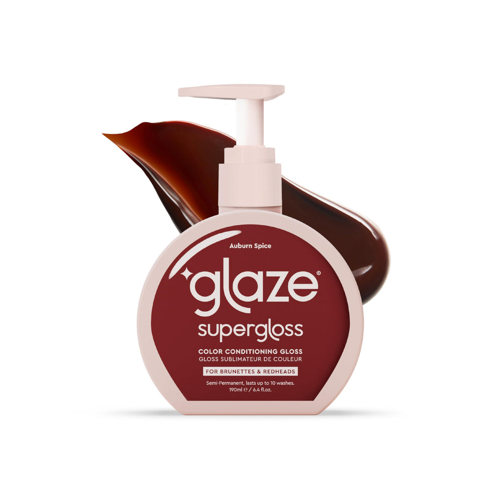 Glaze: botella muestra color vibrante y brillo para cabello castaño natural.