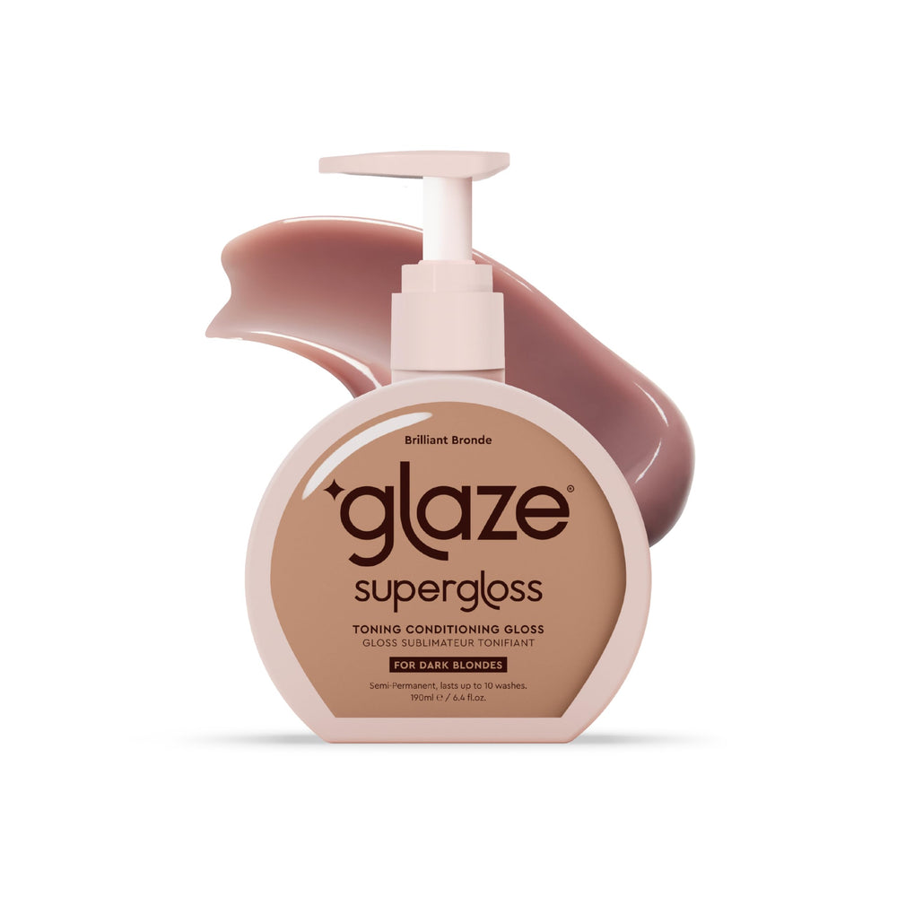 Glaze Supergloss visual de botella vertido para brillo inmediato.