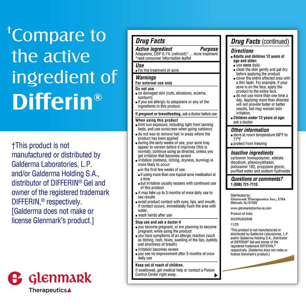 Glenmark Therapeutics Adapalene Gel 0.1% tubo de 45 g: práctico para el cuidado facial.