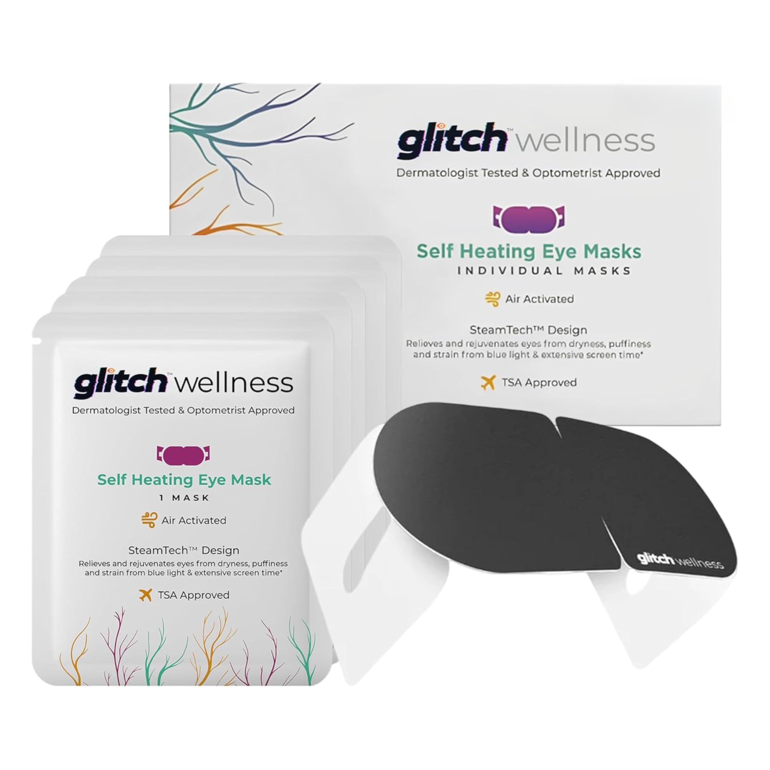 Glitch mascarilla ojos calor SteamTech en uso para relajación ocular.