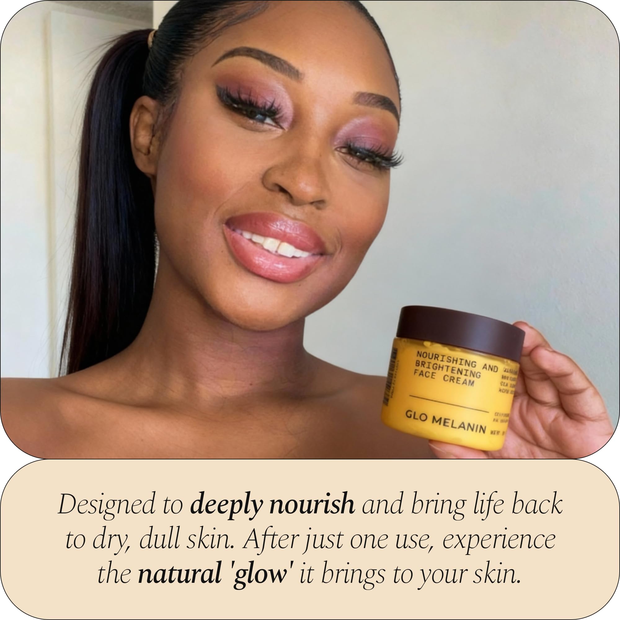 Glo Melanin crema facial nutritiva, ingredientes veganos para cuidado consciente