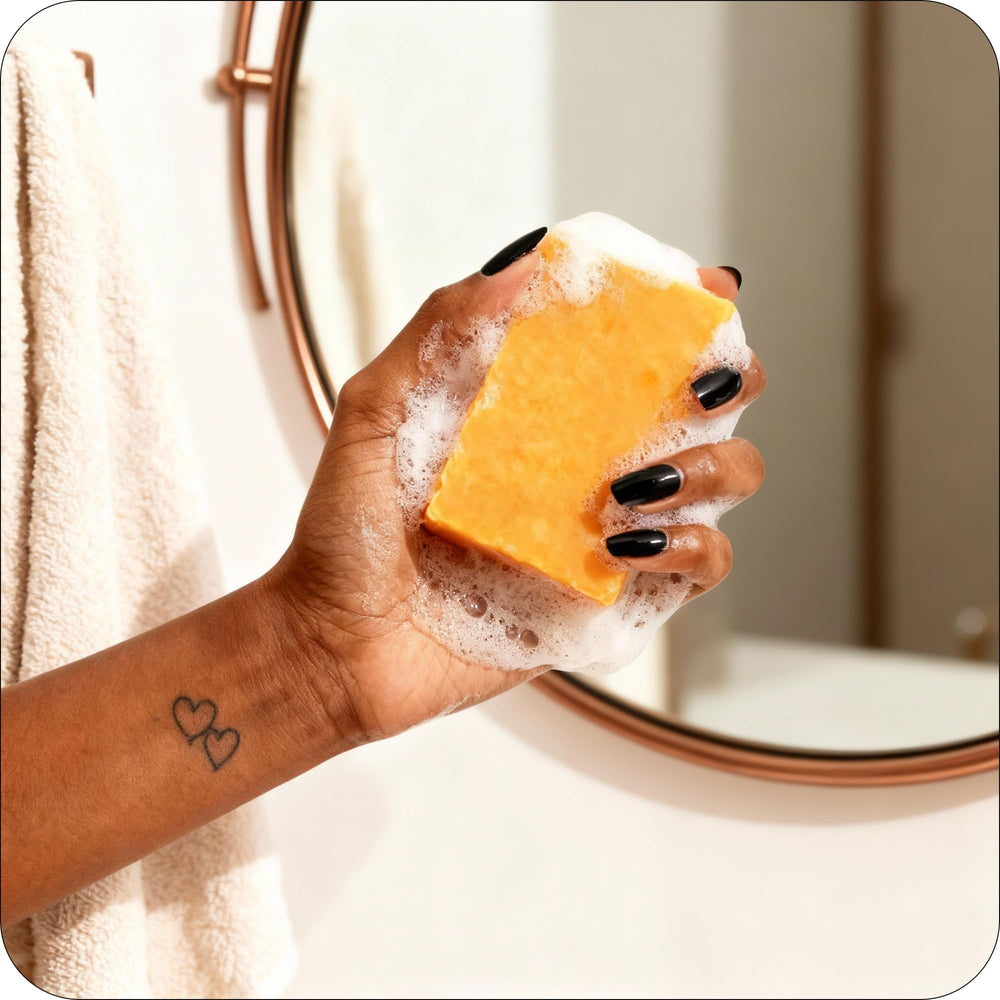 Glo Melanin-textura-cremosa-jabon-curcuma: duchas suaves y lujosas.