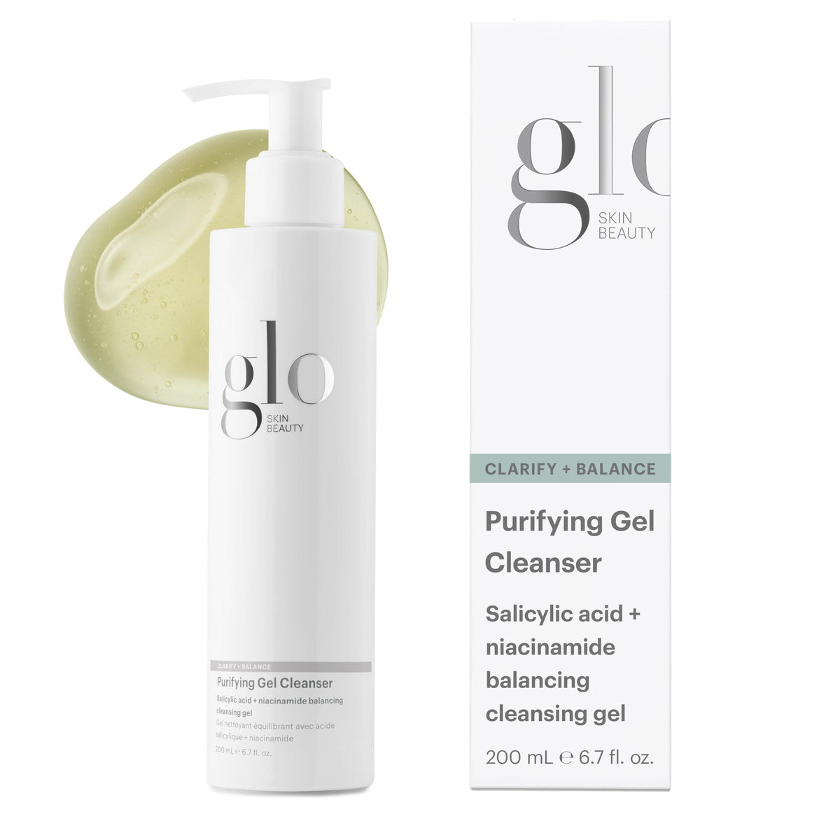 Glo Skin Beauty Purifiant Gel Nettoyant en bouteille, texture gel purifiante.
