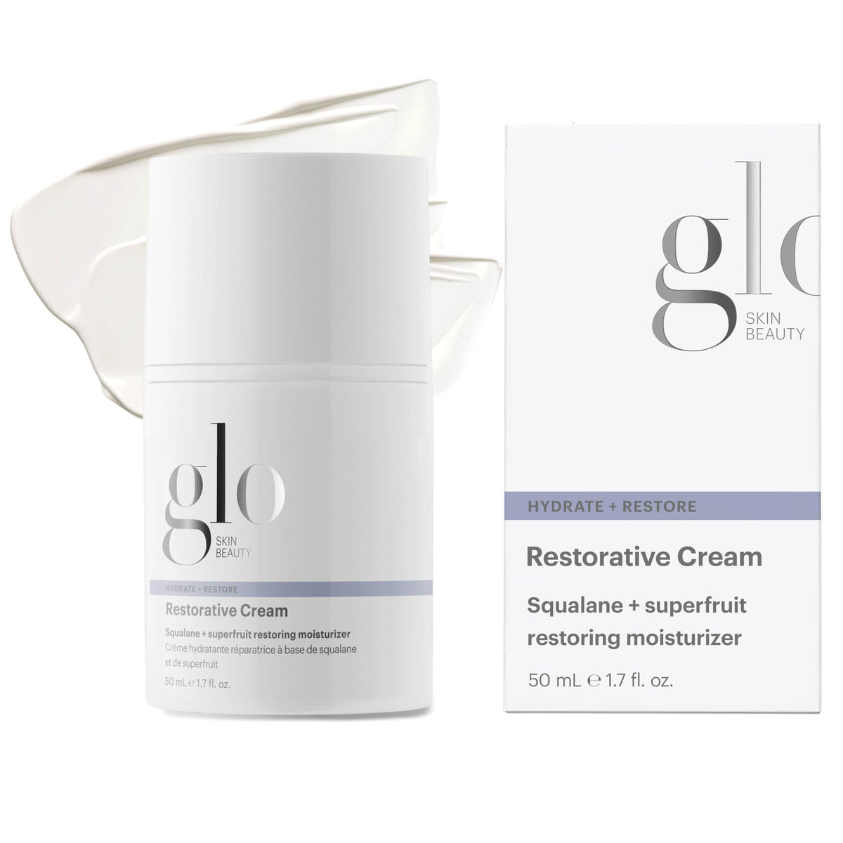 Glo Skin Beauty Restorative Cream muestra textura cremosa para hidratación profunda.