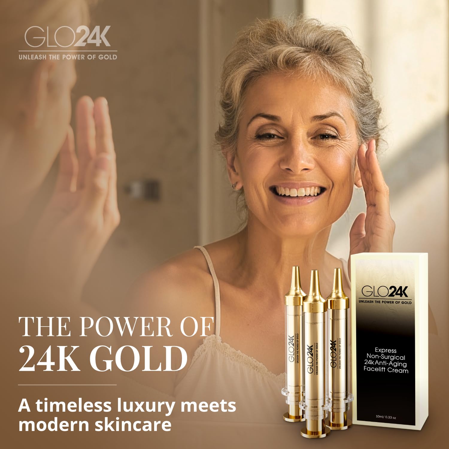 GLO24K textura cremosa y ligera, se desliza con facilidad en uso diario.