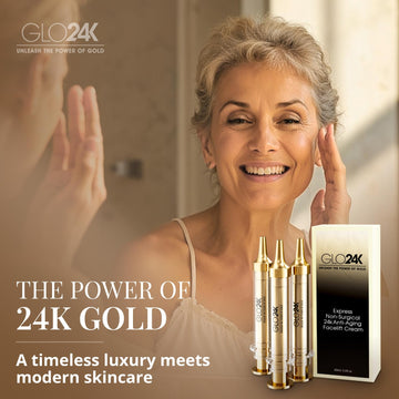 GLO24K textura cremosa y ligera, se desliza con facilidad en uso diario.