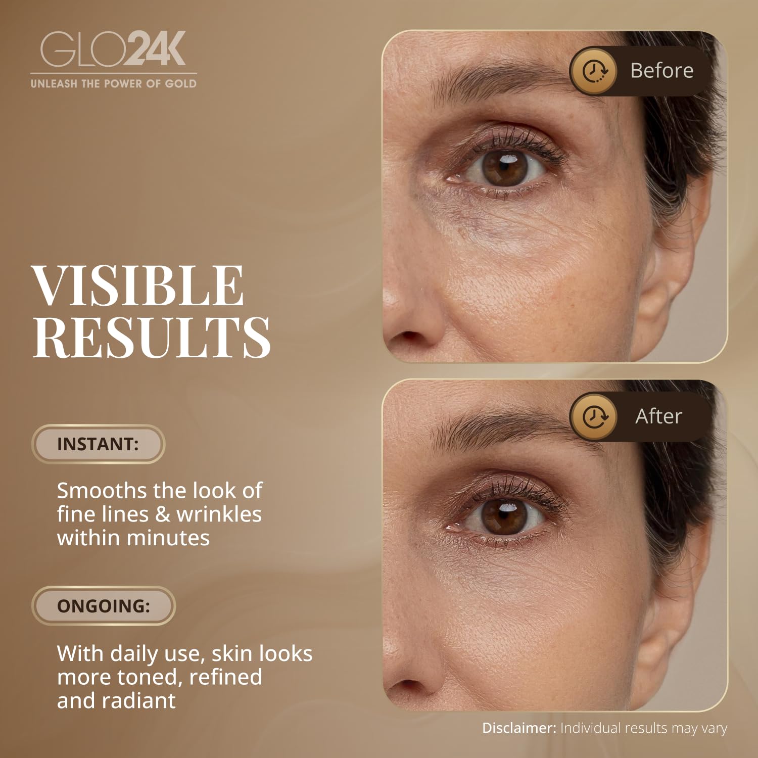 GLO24K vitaminas A, C y E: antioxidantes para la vitalidad de la piel.