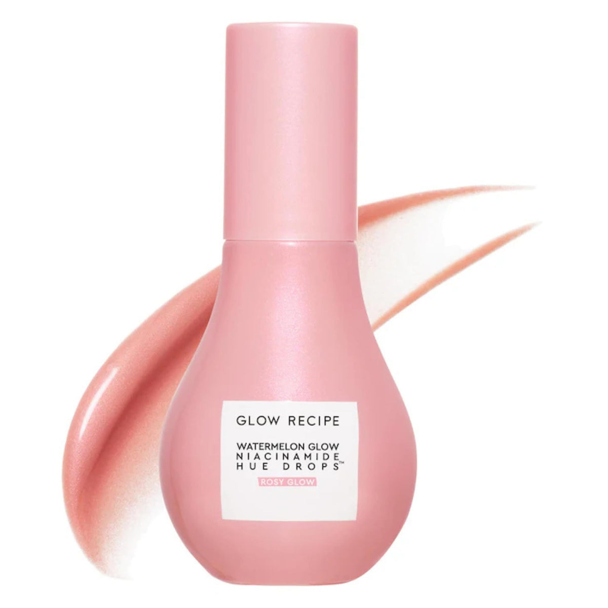 Botella Glow Recipe Hue Drops se vierte para mostrar acabado iluminador rosado.