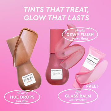 Glow Recipe Hue Drops Sun Glow aplicado en piel para tono cálido y luminoso.