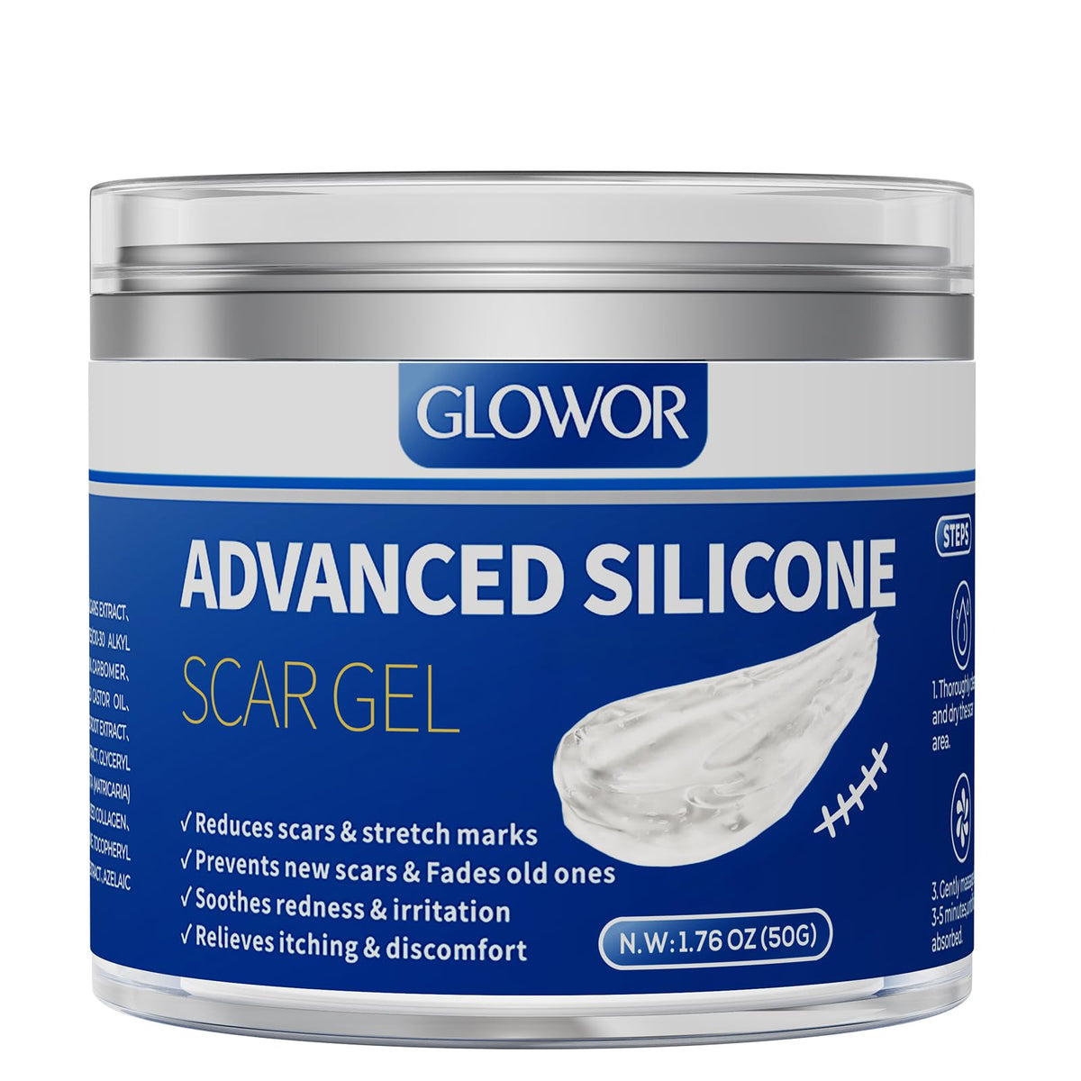 Glowor gel cicatrices avanzado en envase, mejora textura y tono.