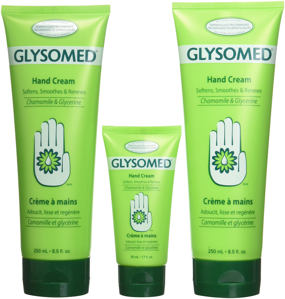 Glysomed hand cream two large tubes on a counter for daily moisture