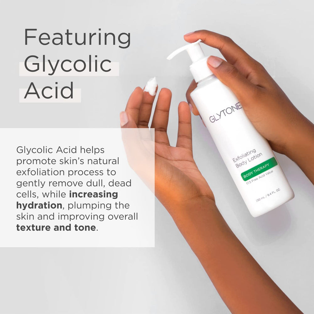 GLYTONE Glycolic Acid Body Wash: aplicación suave en piel para suavizar texturas ásperas.