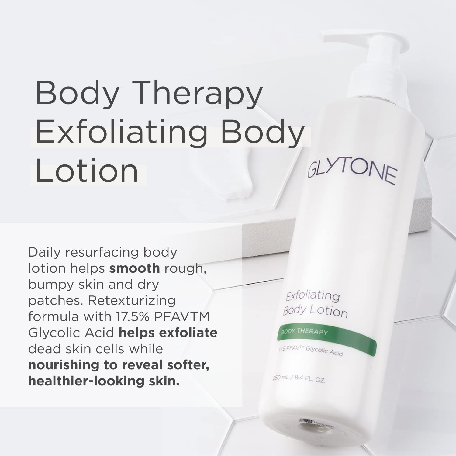 Glytone loción exfoliante, textura cremosa en primer plano mejora hidratación