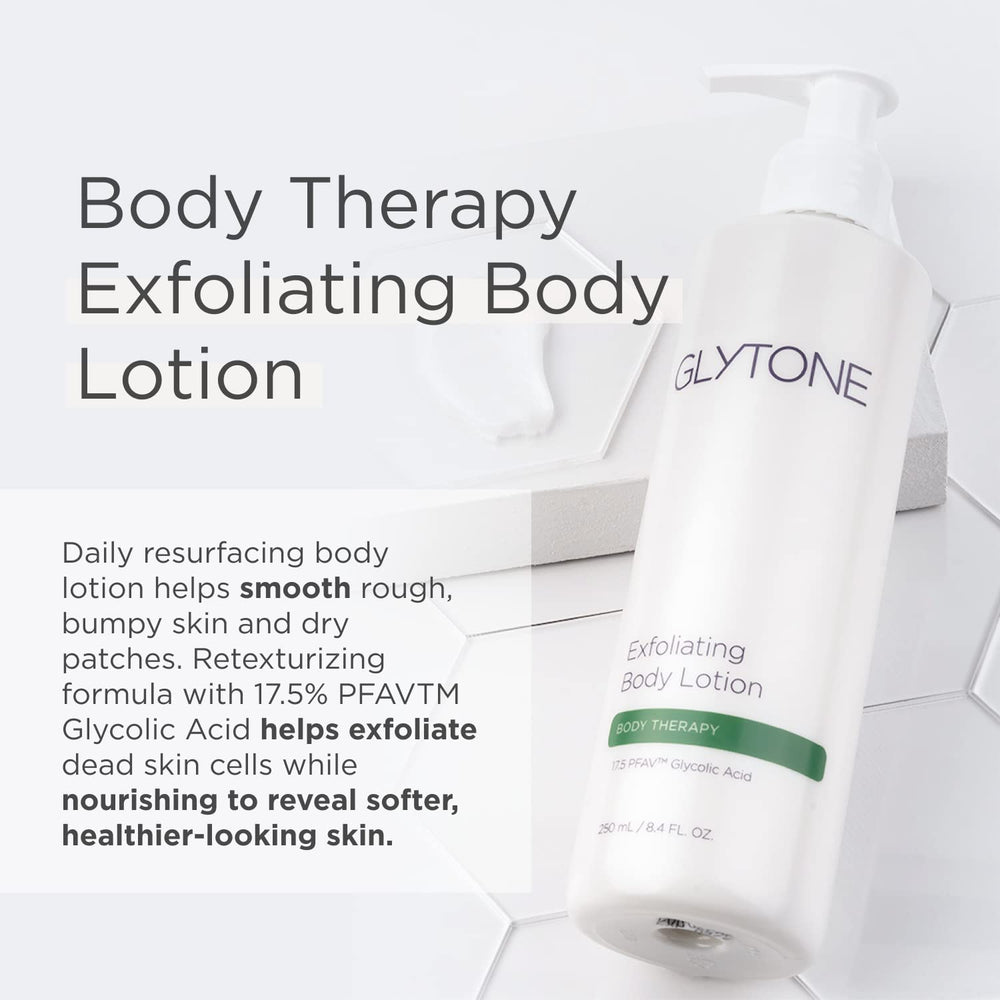 Glytone loción exfoliante, textura cremosa en primer plano mejora hidratación