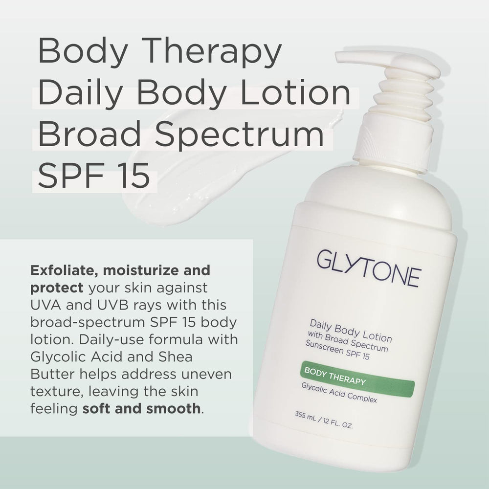GLYTONE lotion corps SPF15 – texture crème légère, peau douce et lisse.
