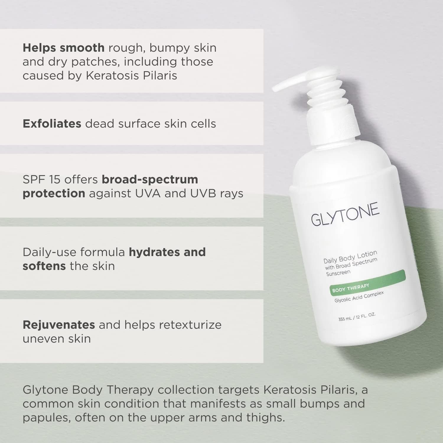 GLYTONE lotion corps SPF15 – usage quotidien sans parfum pour peaux sensibles.