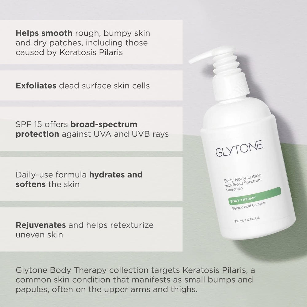 GLYTONE lotion corps SPF15 – usage quotidien sans parfum pour peaux sensibles.