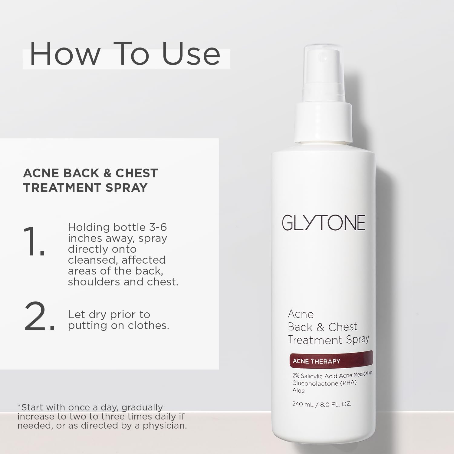 GLYTONE spray corporal de secado rápido, sin perfume, para uso diario en espalda.