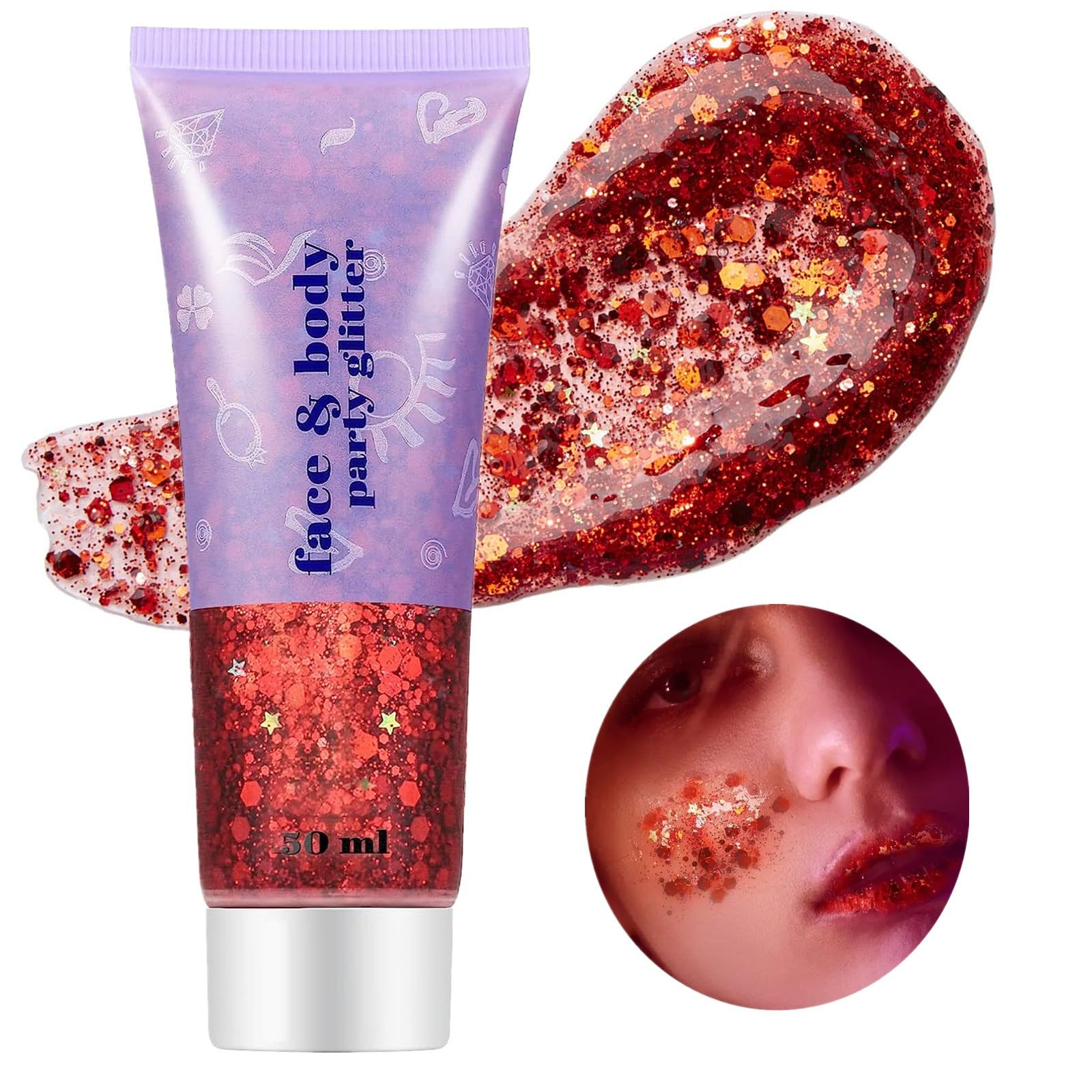 Go Ho brillos rojos en la cara con efecto holográfico para looks festivos