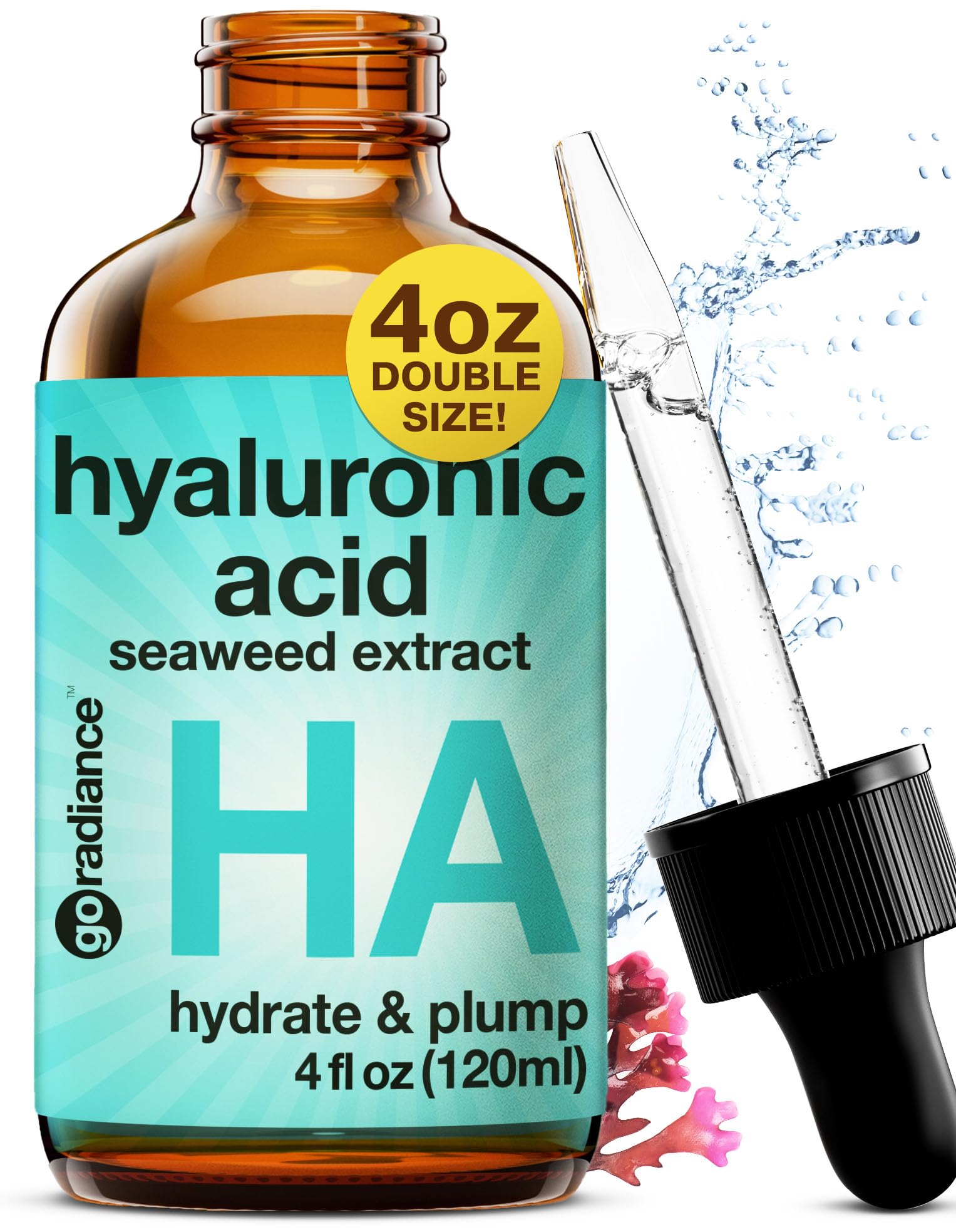Go Radiance serum ácido hialurónico 4oz en botella para hidratación profunda.
