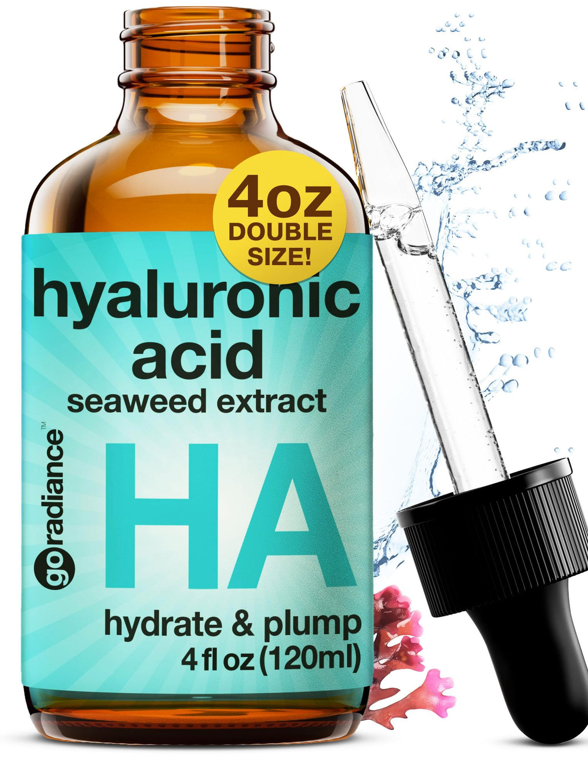Go Radiance serum ácido hialurónico 4oz en botella para hidratación profunda.