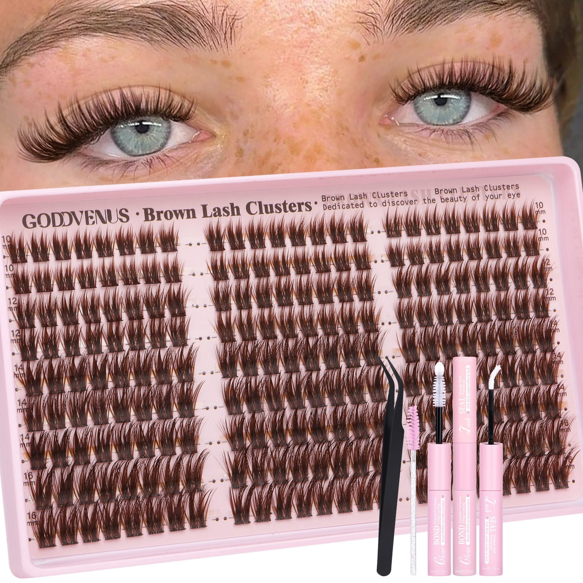 Goddvenus kit-cluster-pestañas-marron-natural: look suave y natural para uso diario.