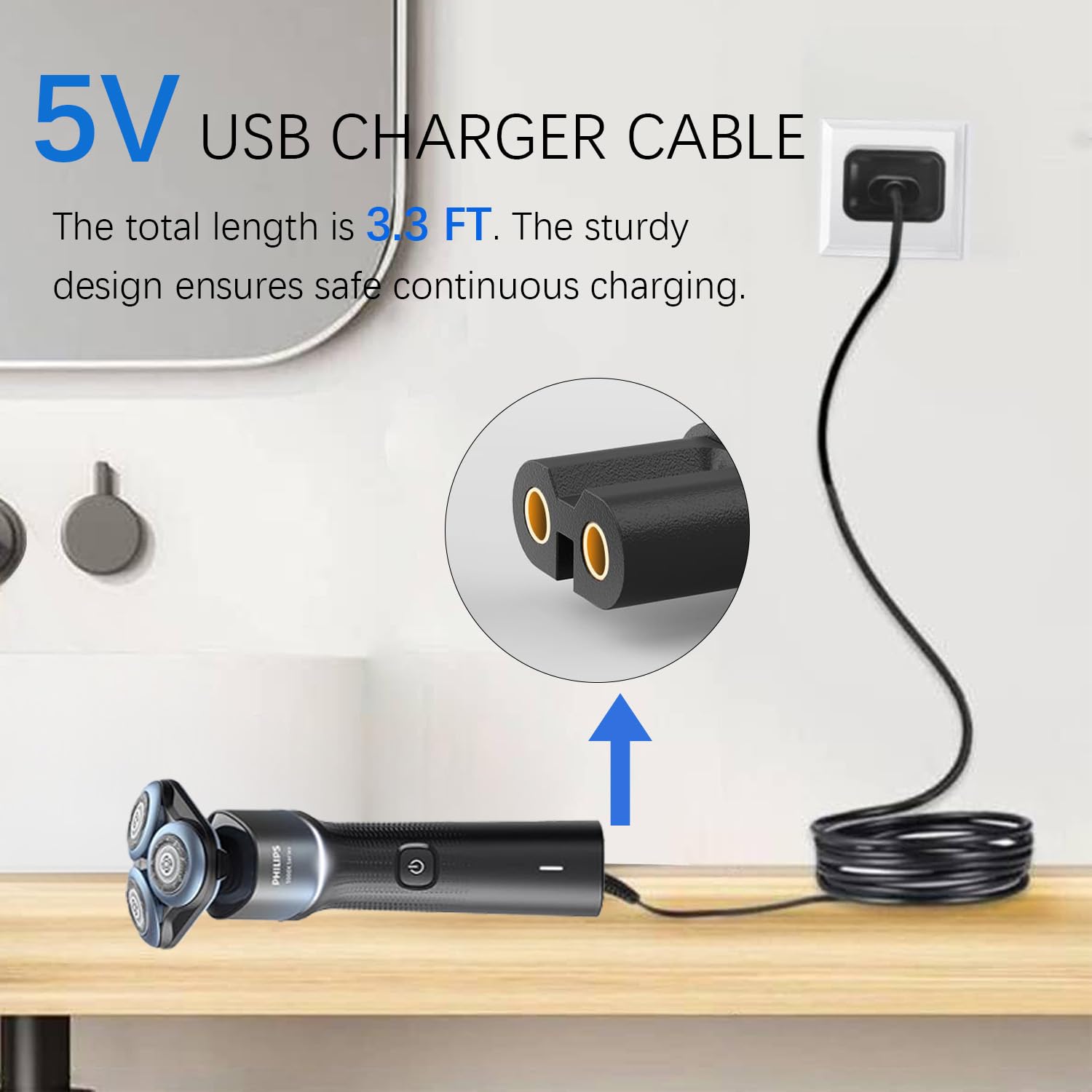 Cable de 3,3 pies incluido para uso en casa o de viaje.