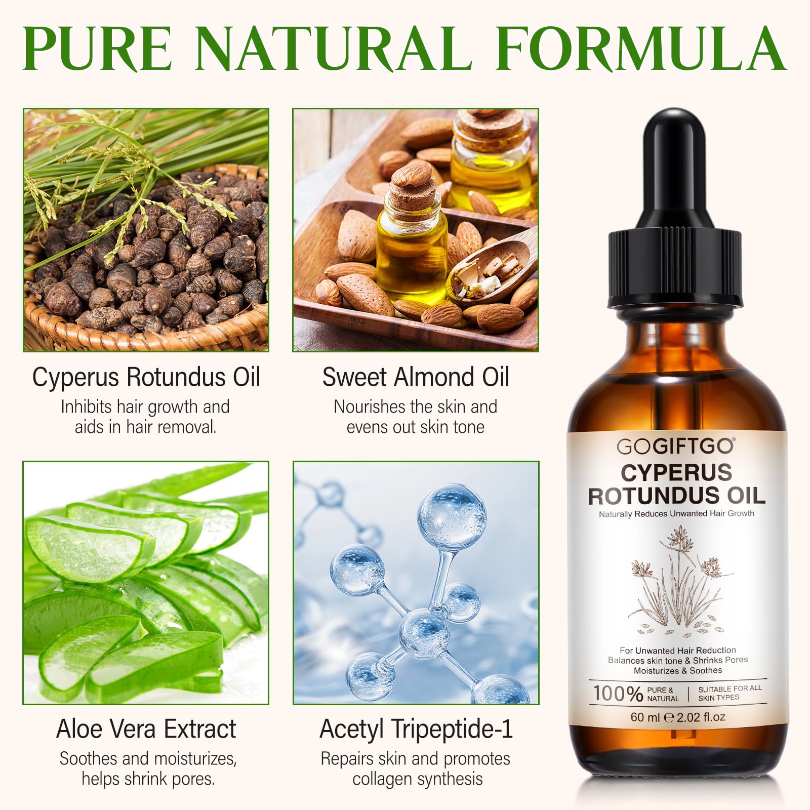 GOGIFTGO Aceite Cyperus Rotundus, fórmula suave para piel sensible.