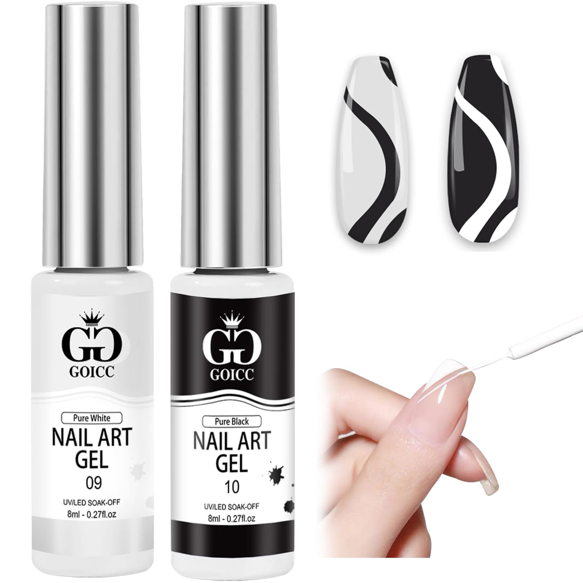 GOICC botella delineador negro y blanco para arte de uñas, ideal para líneas limpias.