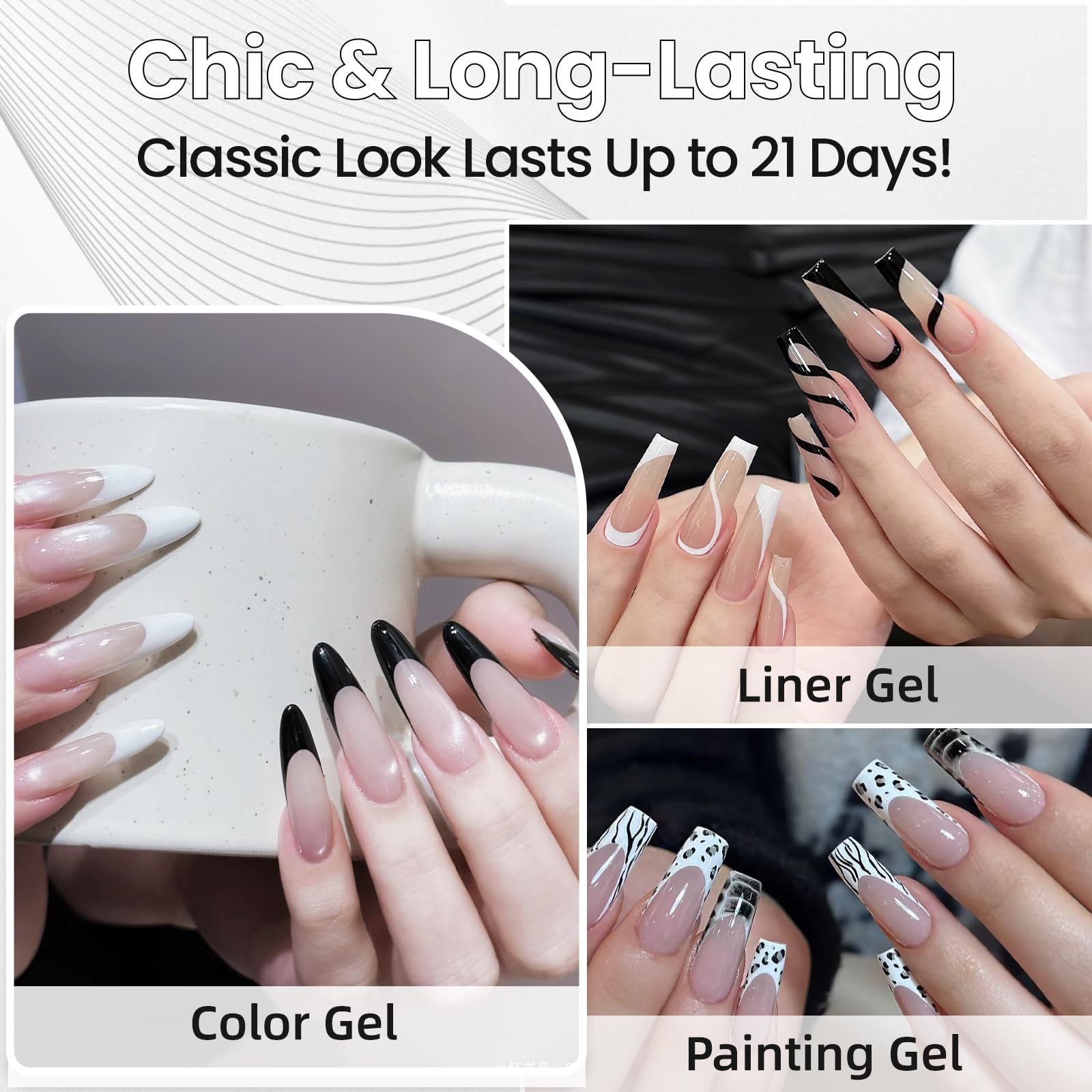 GOICC delineados de uñas, patrones negros y blancos para un estilo elegante.