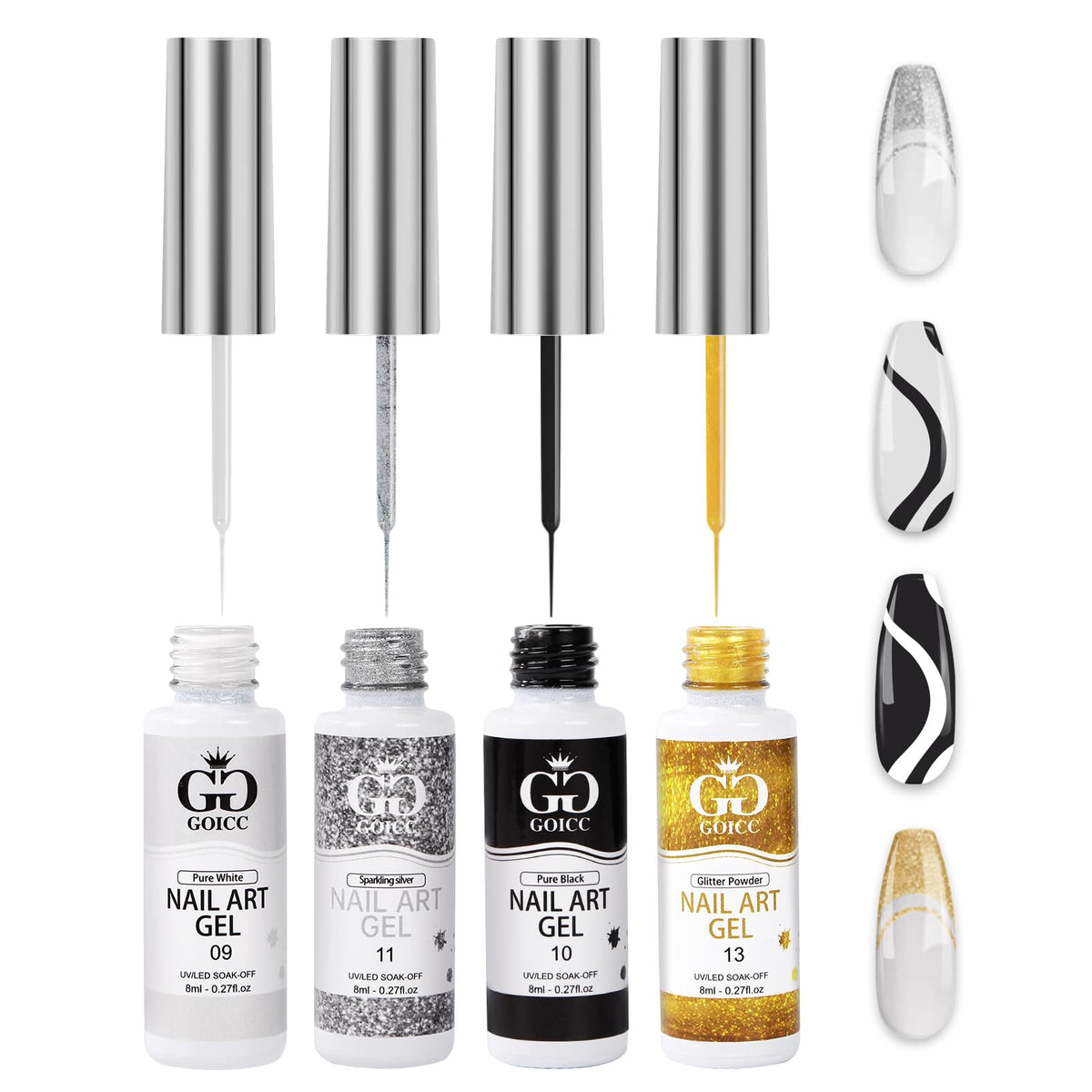 GOICC gel de uñas arte: enfoque frontal de botellas para diseño claro.