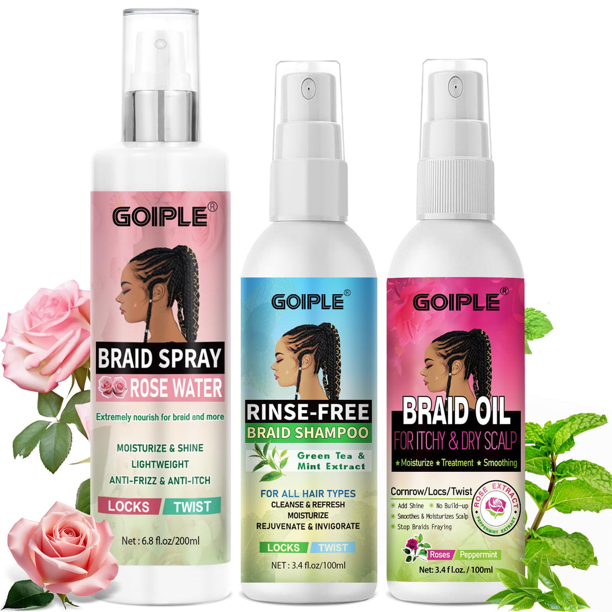 Goiple spray para trenzas Rosa Menta, botella y beneficios de hidratación para trenzas.