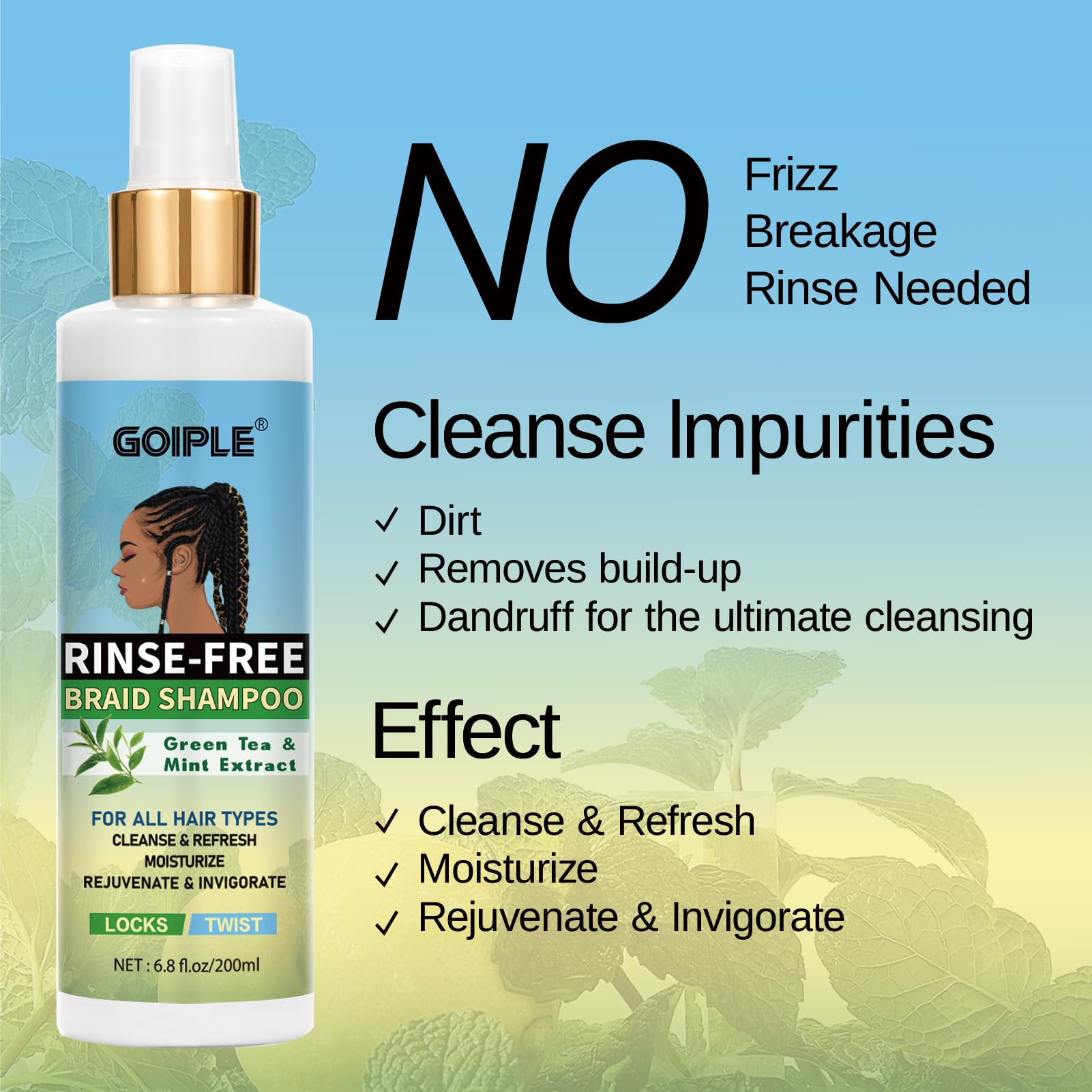 Goiple champú sin agua para twists, limpieza eficiente sin necesidad de agua.