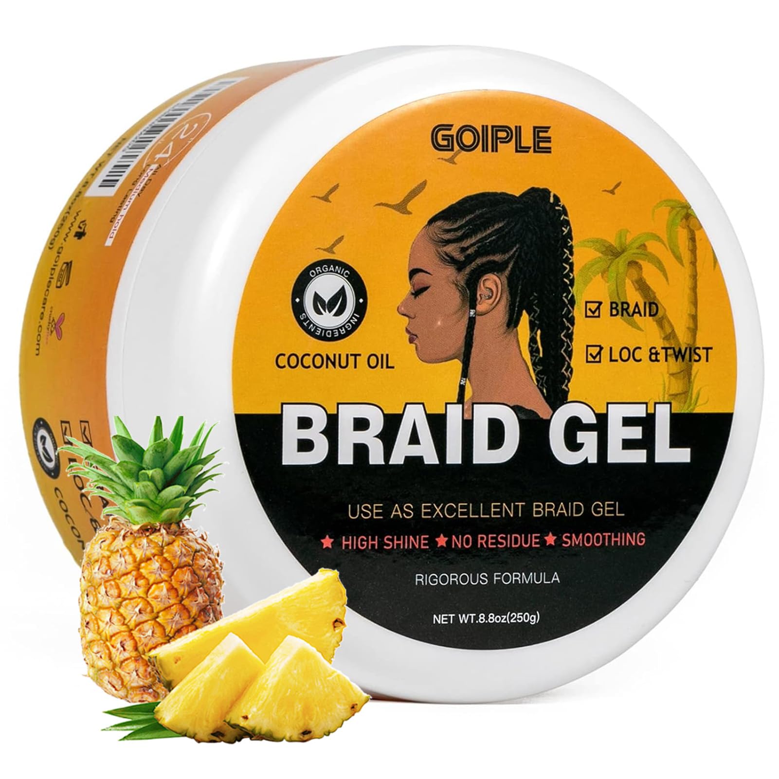 Goiple gel para trenzas, botella 8 oz, fijación fuerte para look definido.