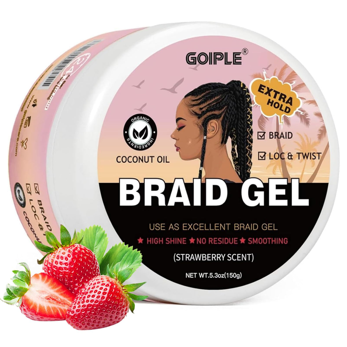 Goiple gel para trenzas con agarre fuerte y brillo duradero.