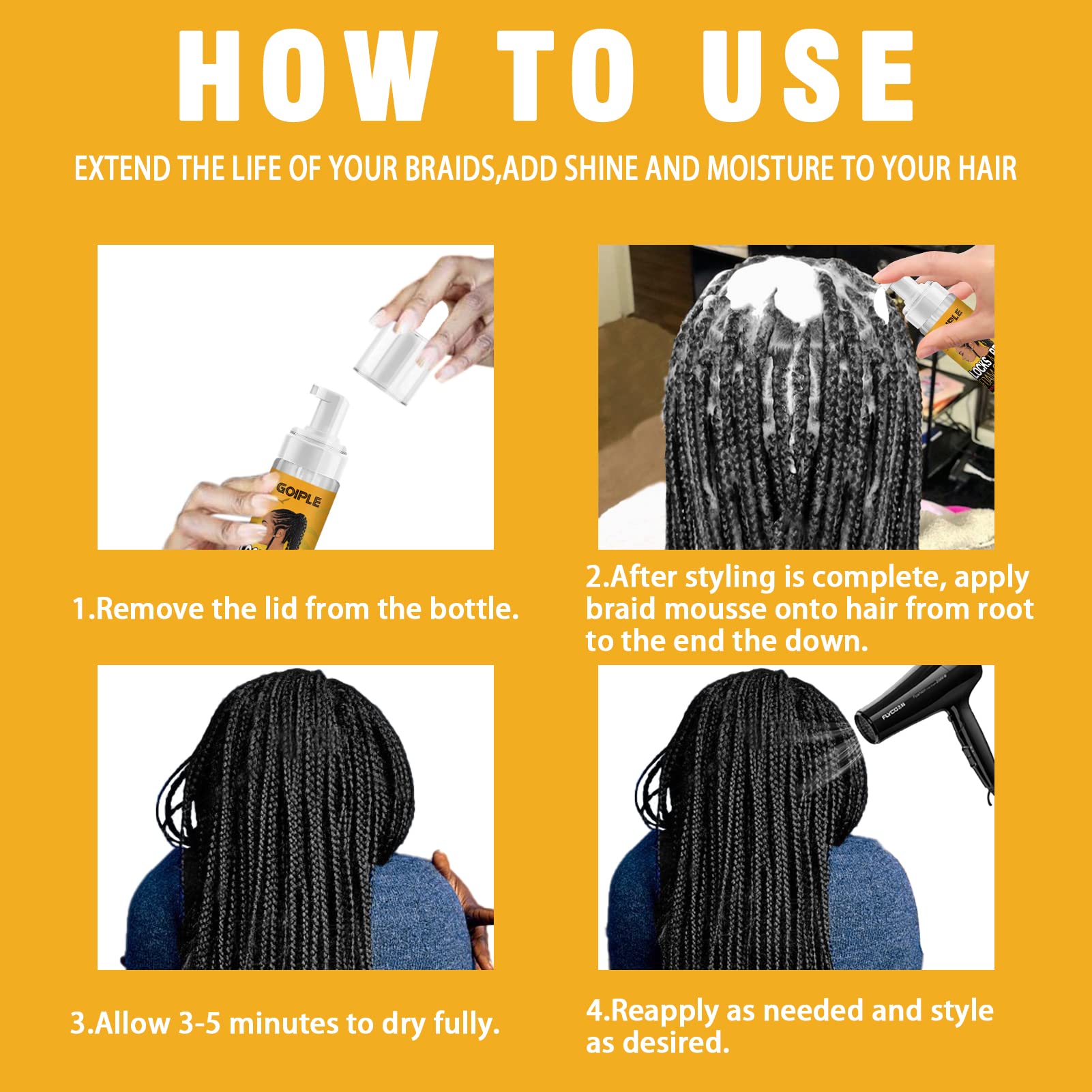 Goiple Mousse hidrata ligeramente el cabello en trenzas y locs