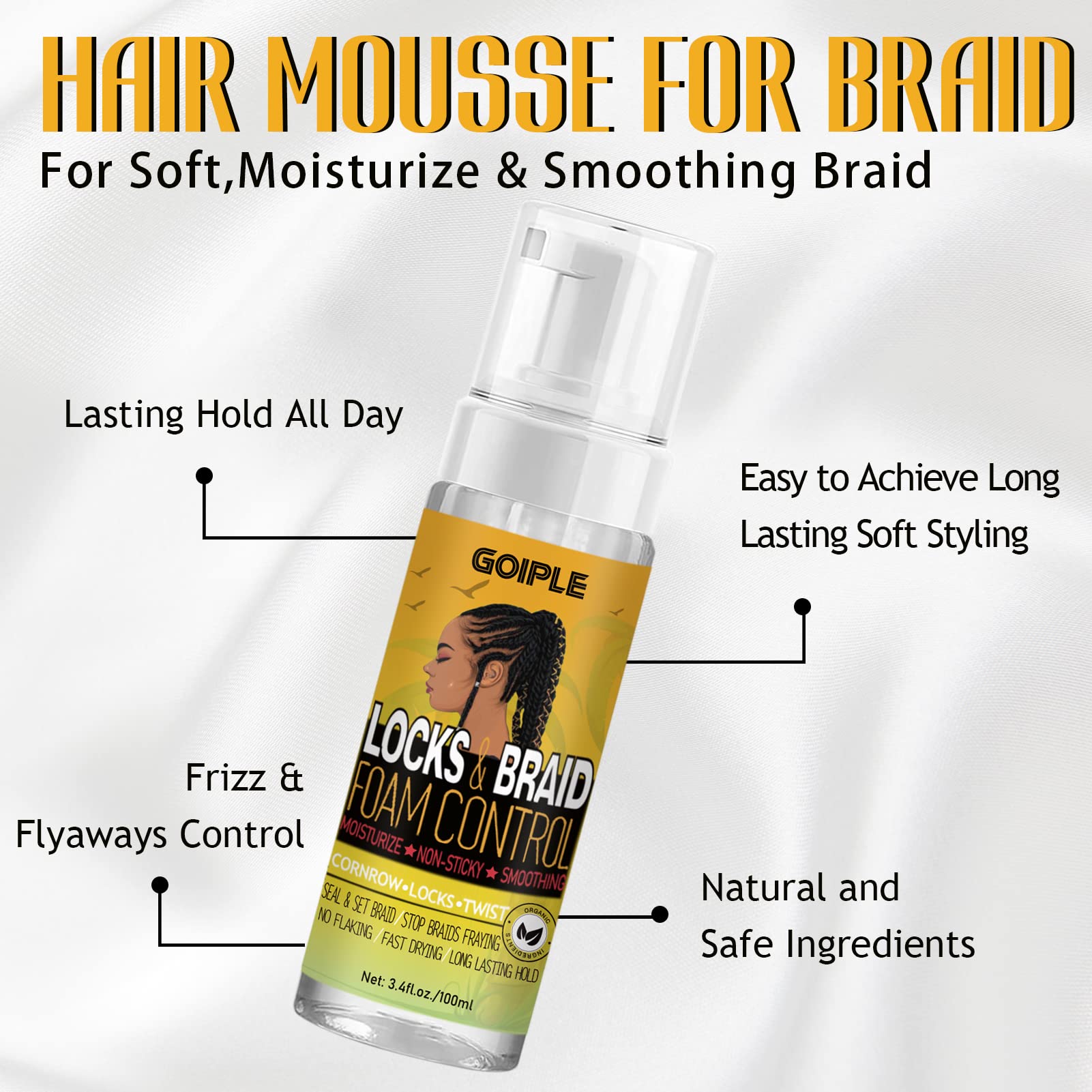 Goiple mousse para trenzas con acabado firme y sellado del peinado.