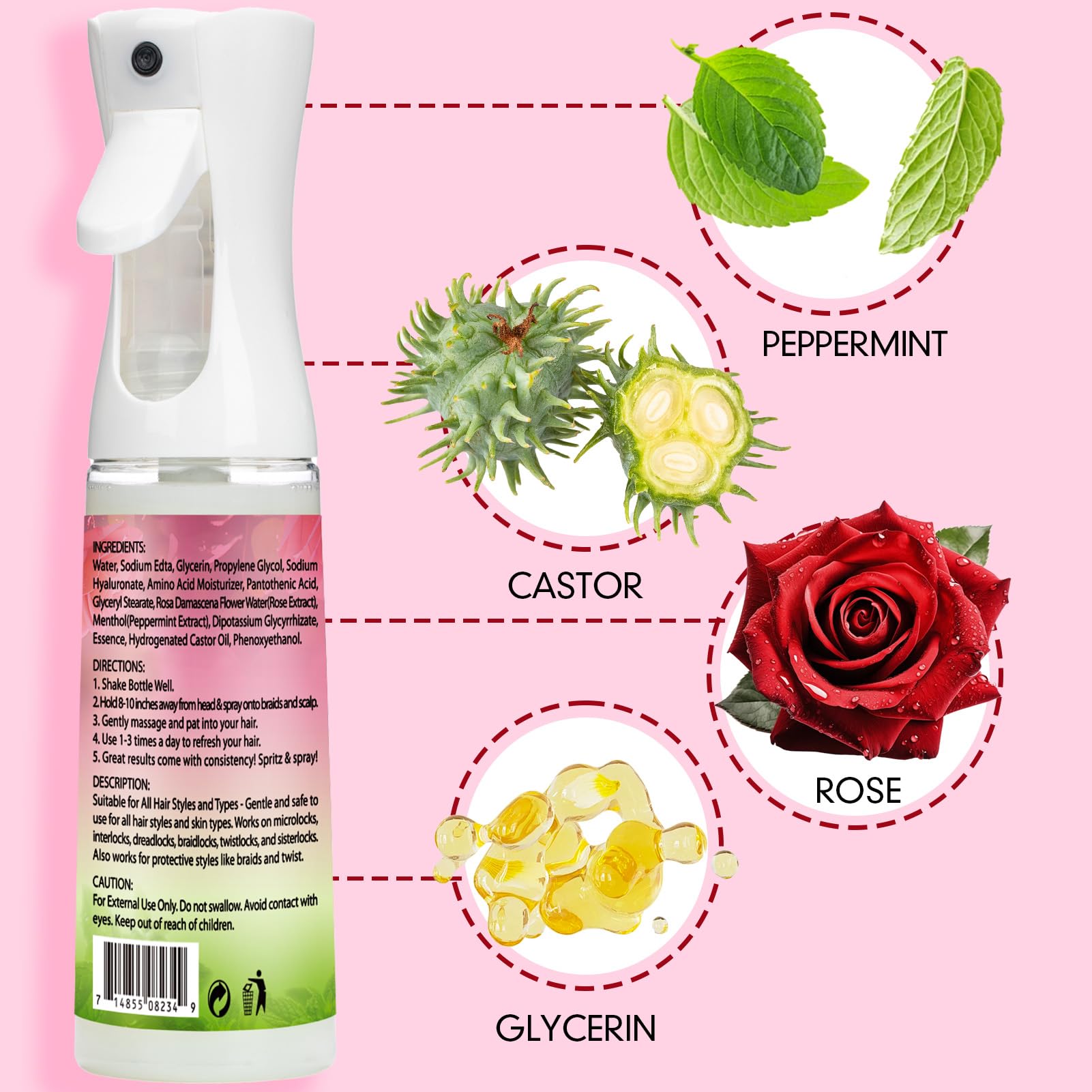 Goiple Rosewater Loc Spray mist applied to locs enhances moisture balance.