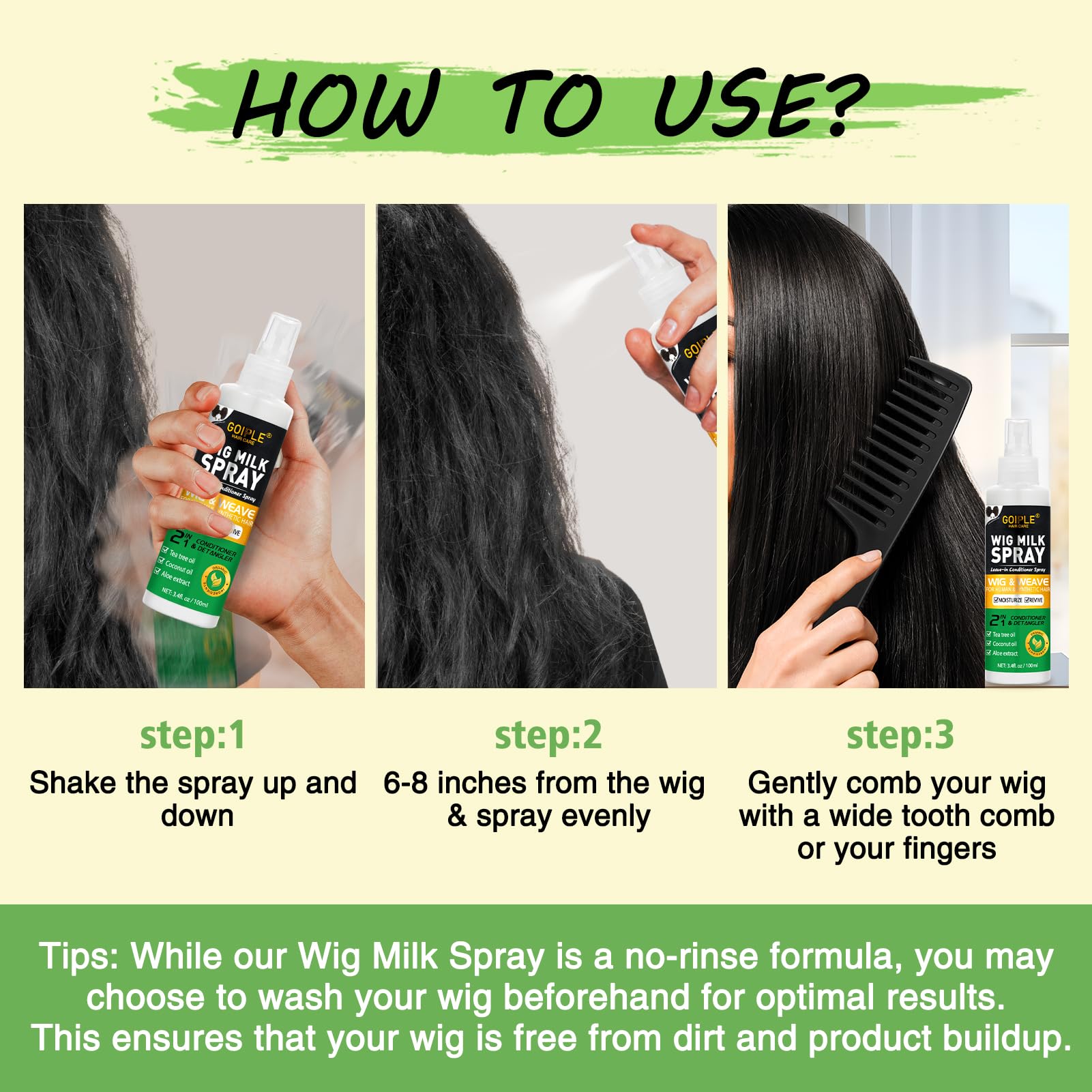 Goiple Wig Milk Spray: desenredo fácil para peinados diarios.