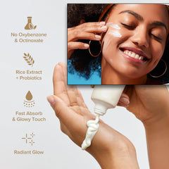 Gonalulu Relief Sun Orgánico, ingredientes de arroz y probióticos para hidratación.