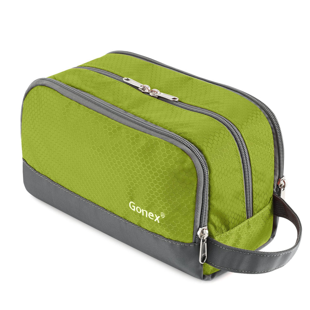 Gonex bolsa de aseo verde, compartimento principal para envases grandes, ordena líquidos.
