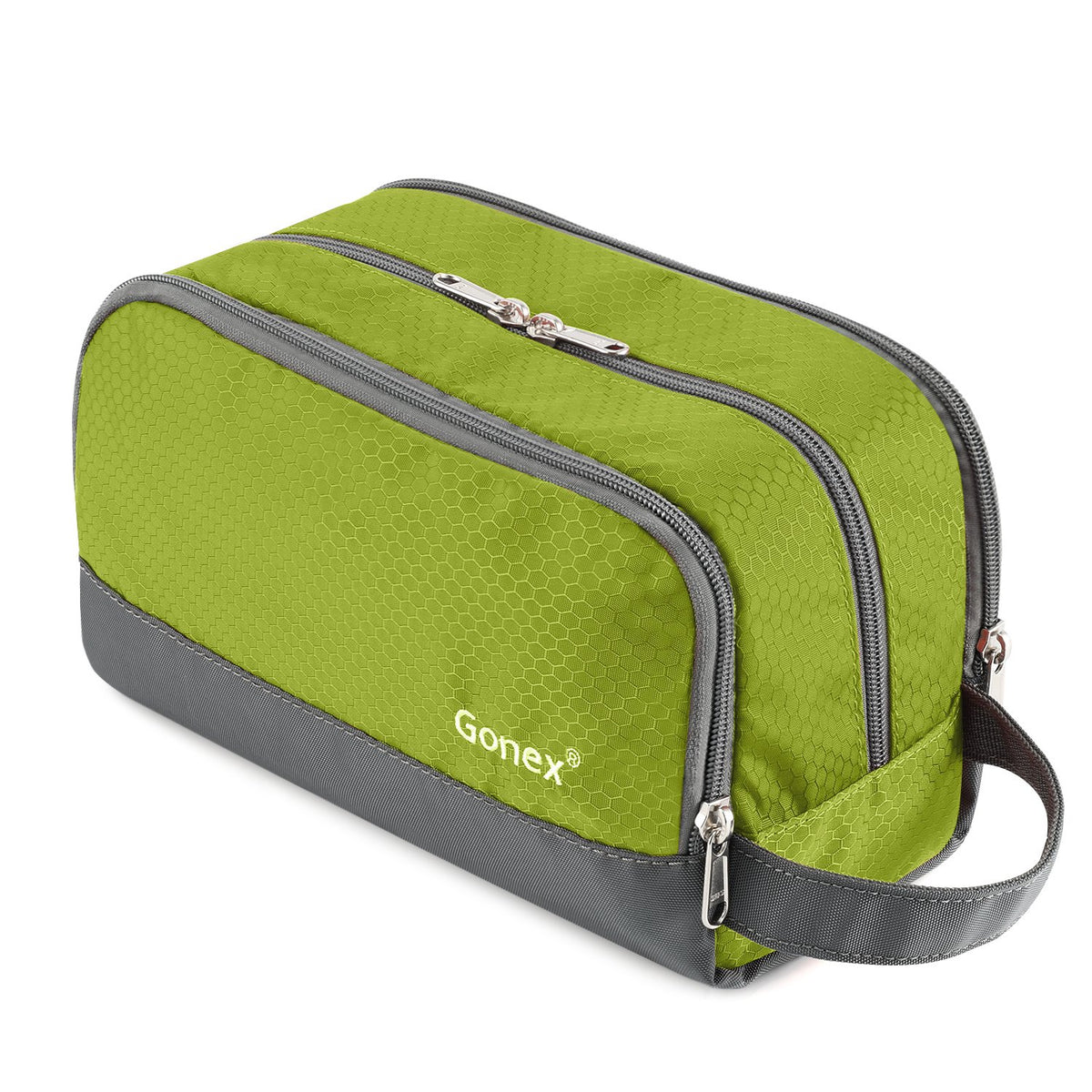 Gonex bolsa de aseo verde, compartimento principal para envases grandes, ordena líquidos.