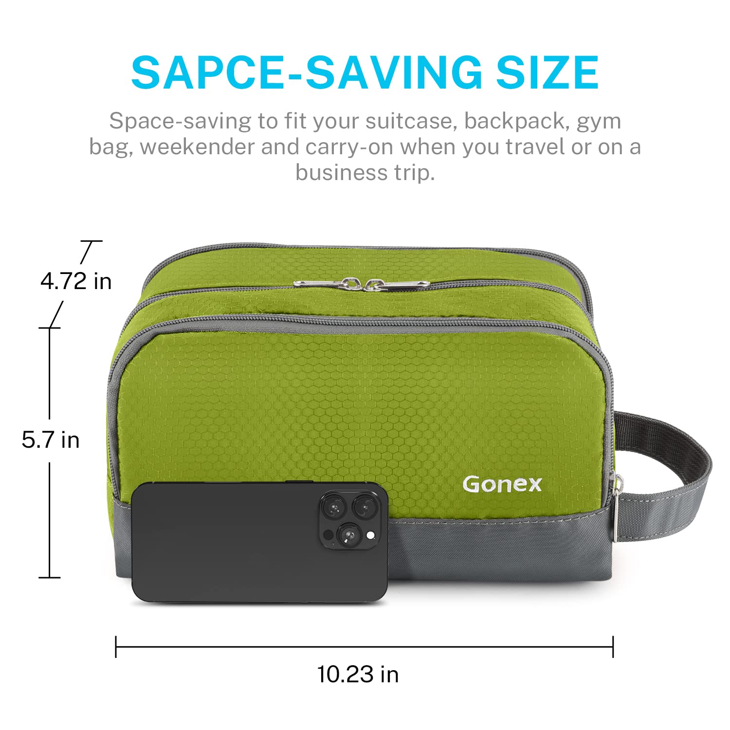 Gonex bolsa de aseo verde, tamaño compacto que cabe en bolsos pequeños.