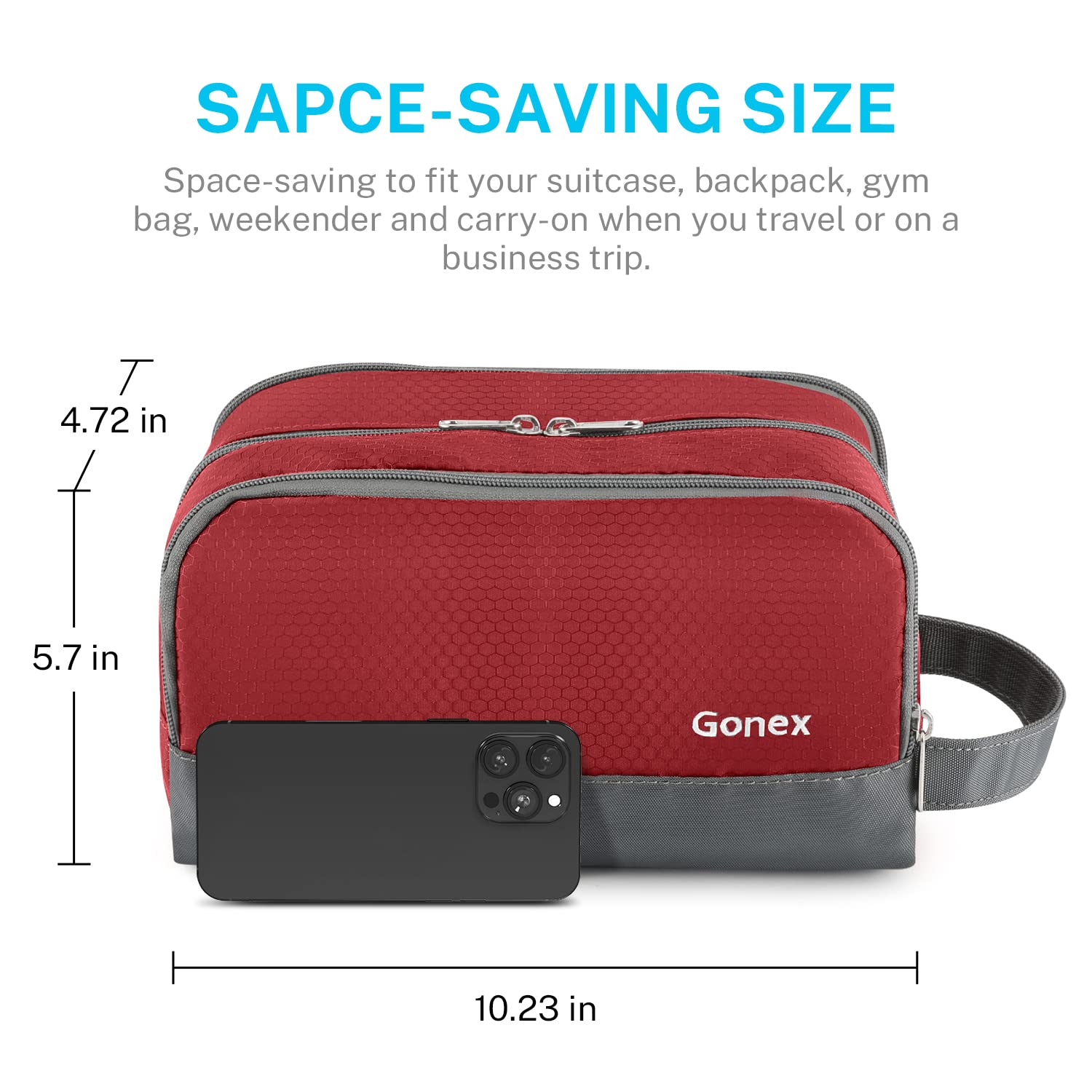 Gonex bolsa de aseo roja, diseño ligero para caber en maleta.