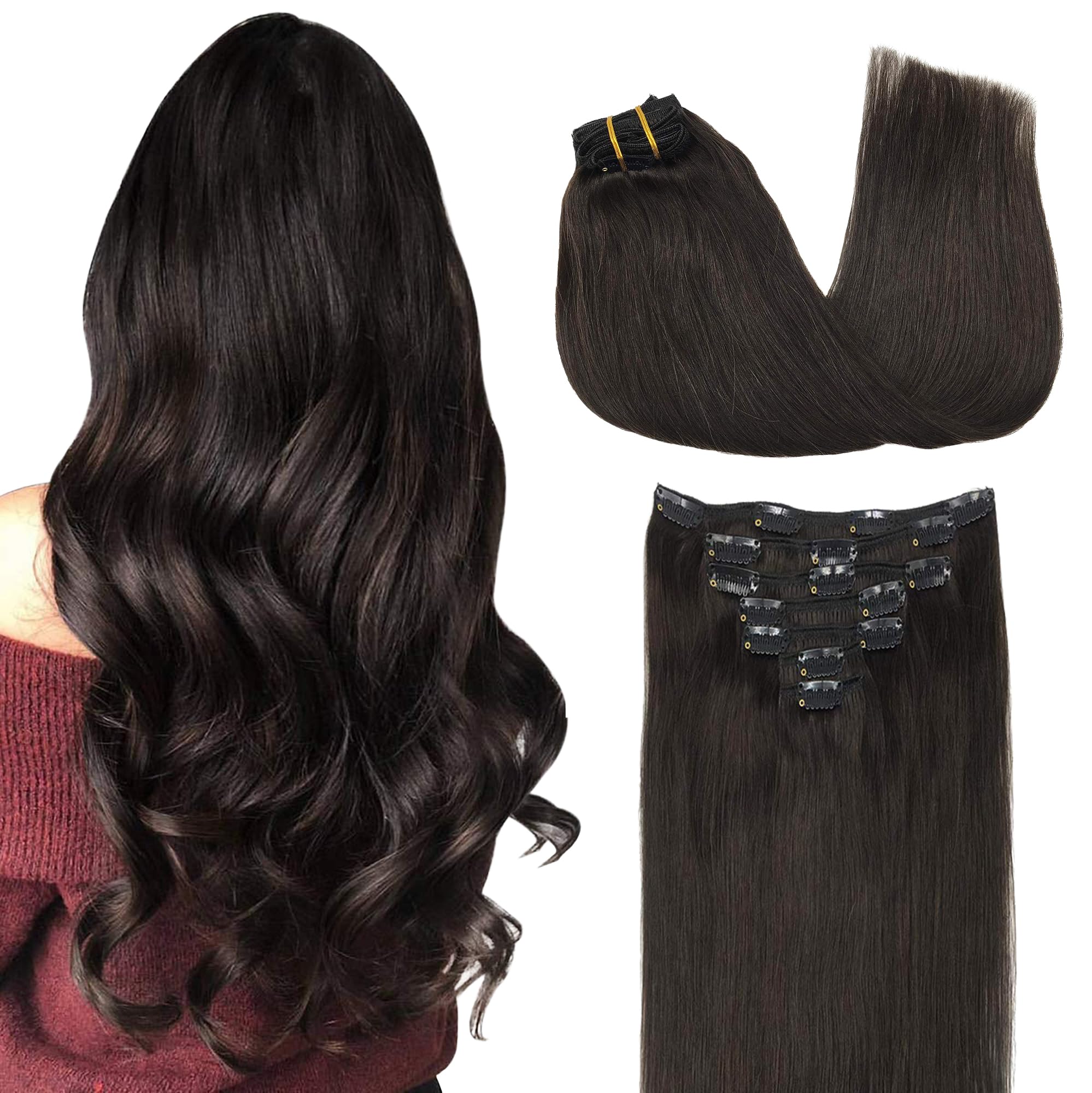 GOO GOO Extensiones con clip de cabello real humano, 16 pulgadas, aspecto natural.